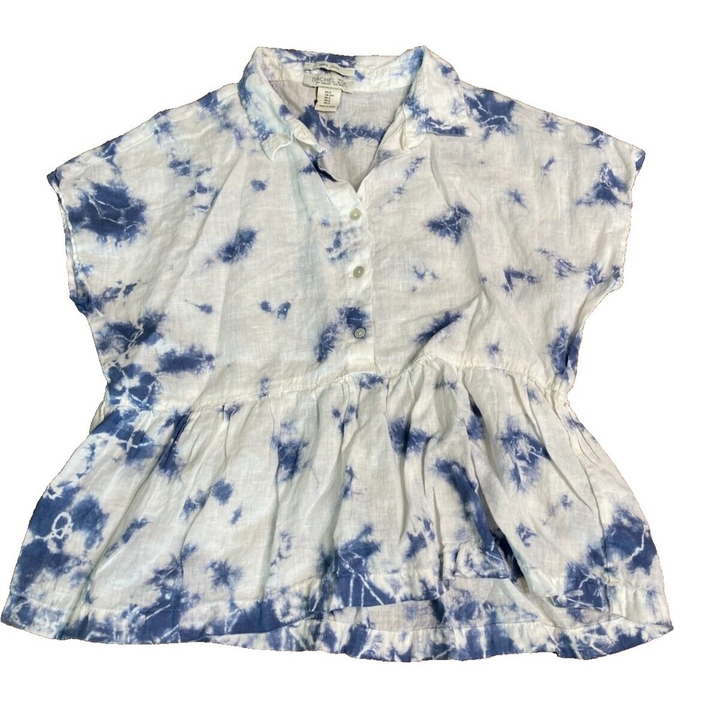 Rachel Zoe Womens Medium White Blue Tie Dye Linen Short Sleeve Shirt Top Size S